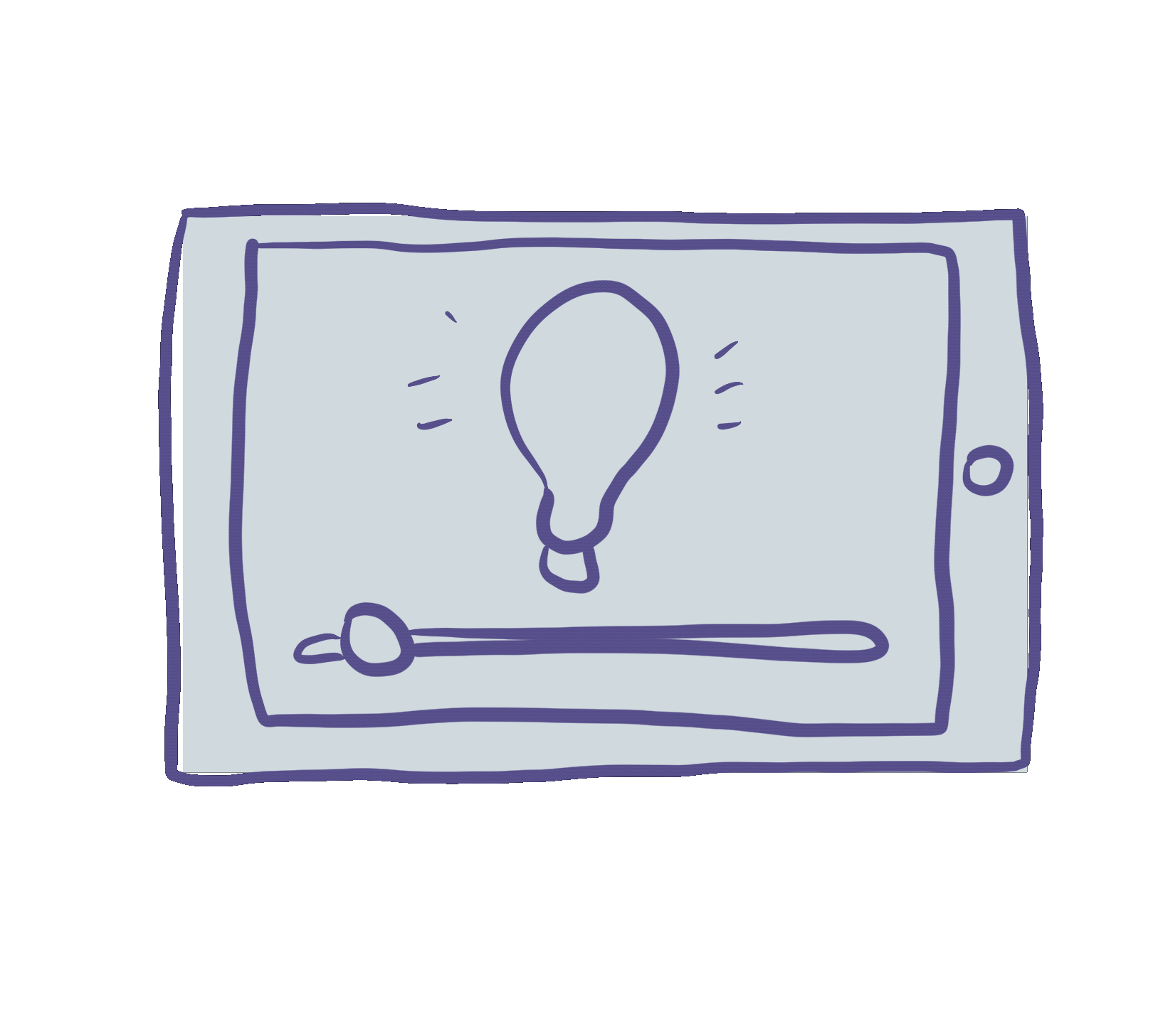 Simple line-art animation of a touchscreen device: a lightbulb icon pulses on the screen above a horizontal slider, indicating adjustment of lighting levels.