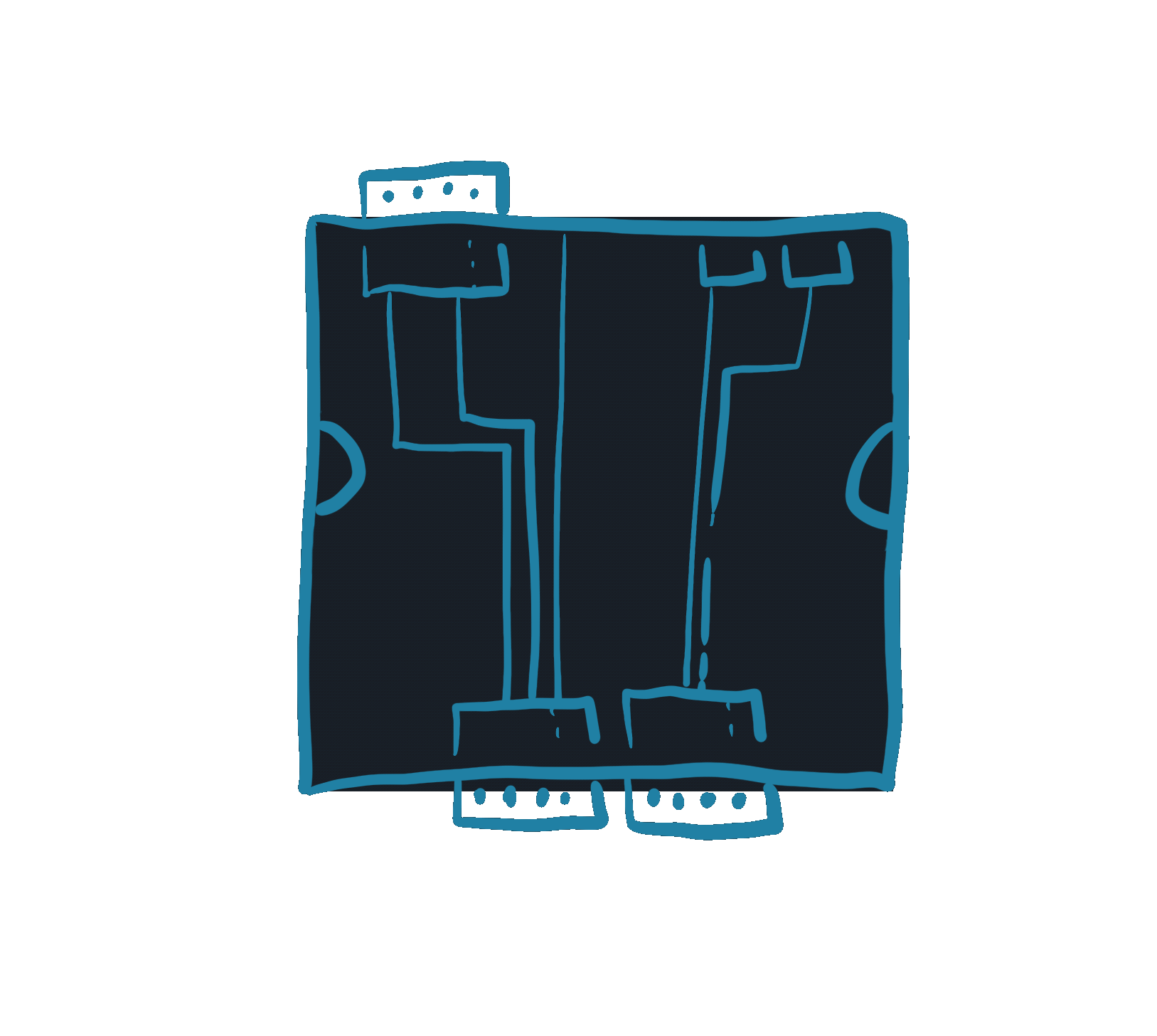A simple line-drawing of an enclosed equipment cabinet: the right half shows two stacked rectangular modules connected by bundles of wires that loop at the top, all contained within a larger rectangular outline.