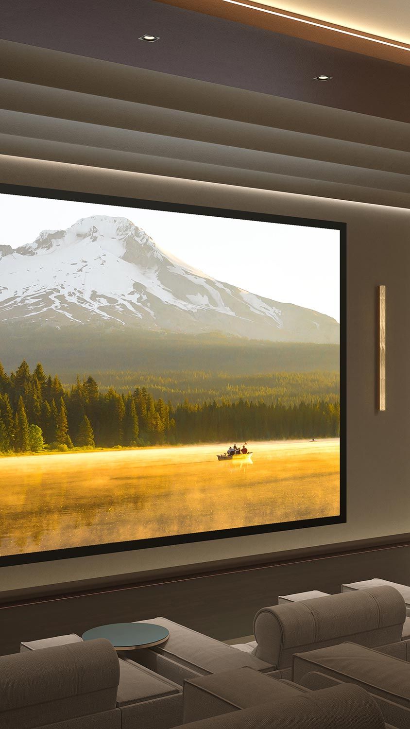 Home theater with large screen displaying a mountain scene